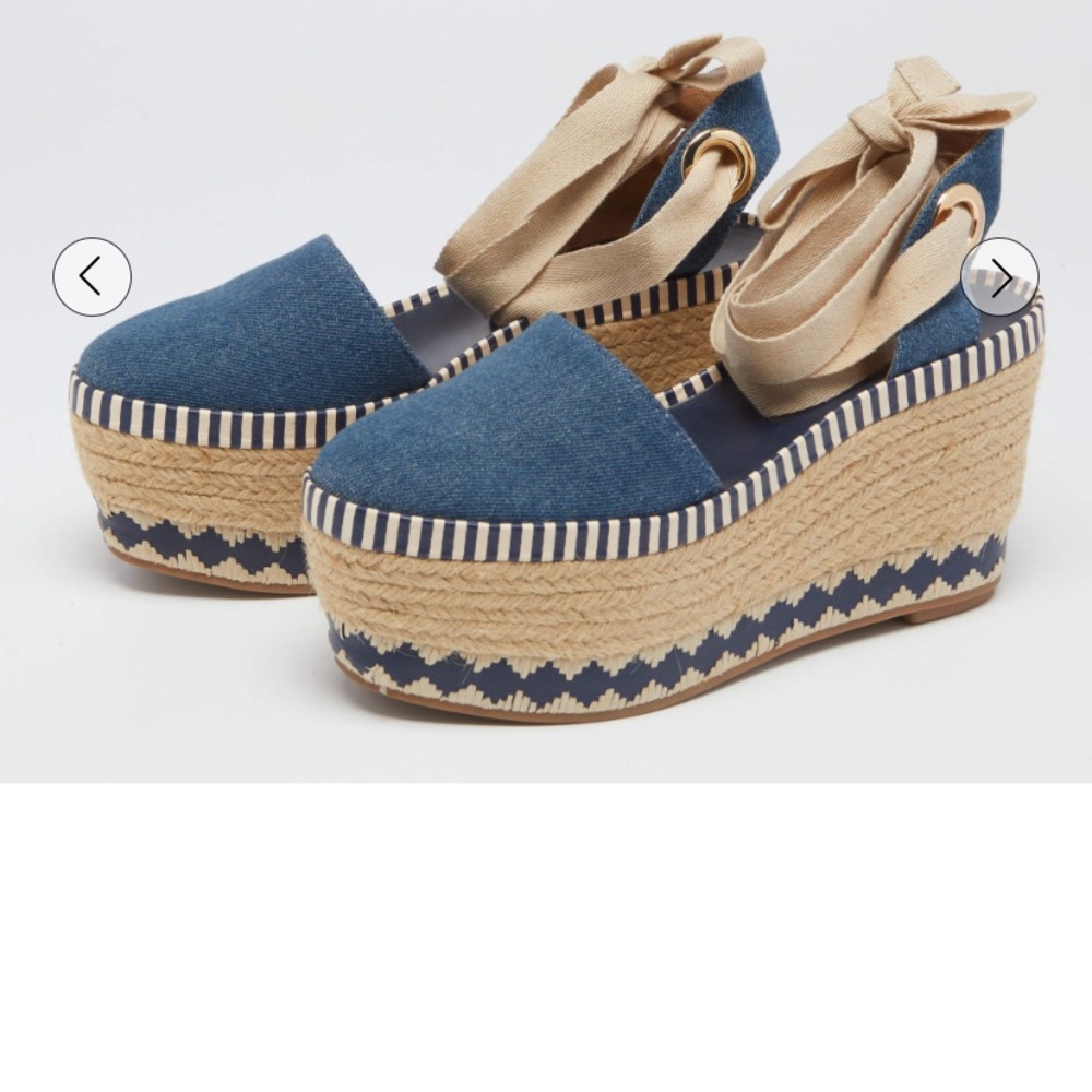 Tory Burch Blue Denim Dandy Ankle Wrap Espadrille Wedge Sandals - Picture 2 of 8